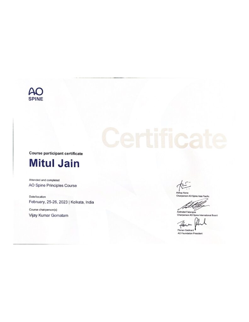 Dr. Mitul Jain AO Spine Principles Course Certificate in Kolkata
